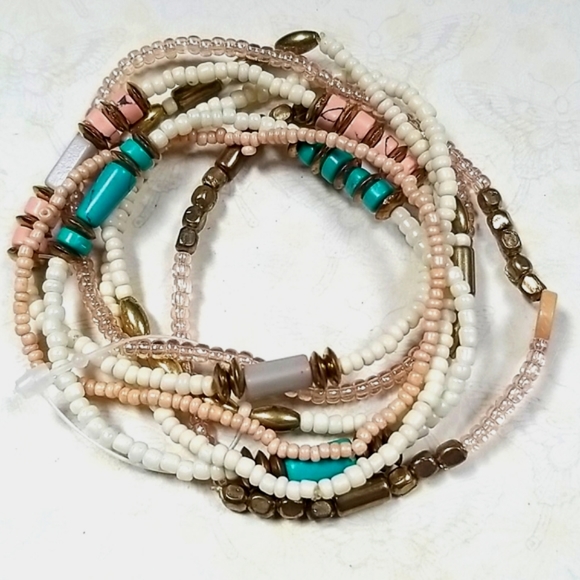 Vintage Boho Turquoise Coral Goldtone Beaded Stackable Stretch Bracelet Set - Picture 3 of 16